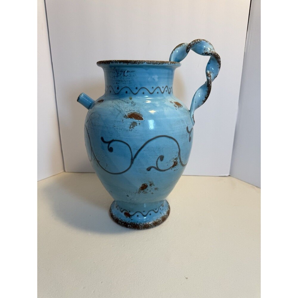 Vintage Turquoise Ceramic Pitcher Vase | Handcrafted Studio Pottery | Rustic
